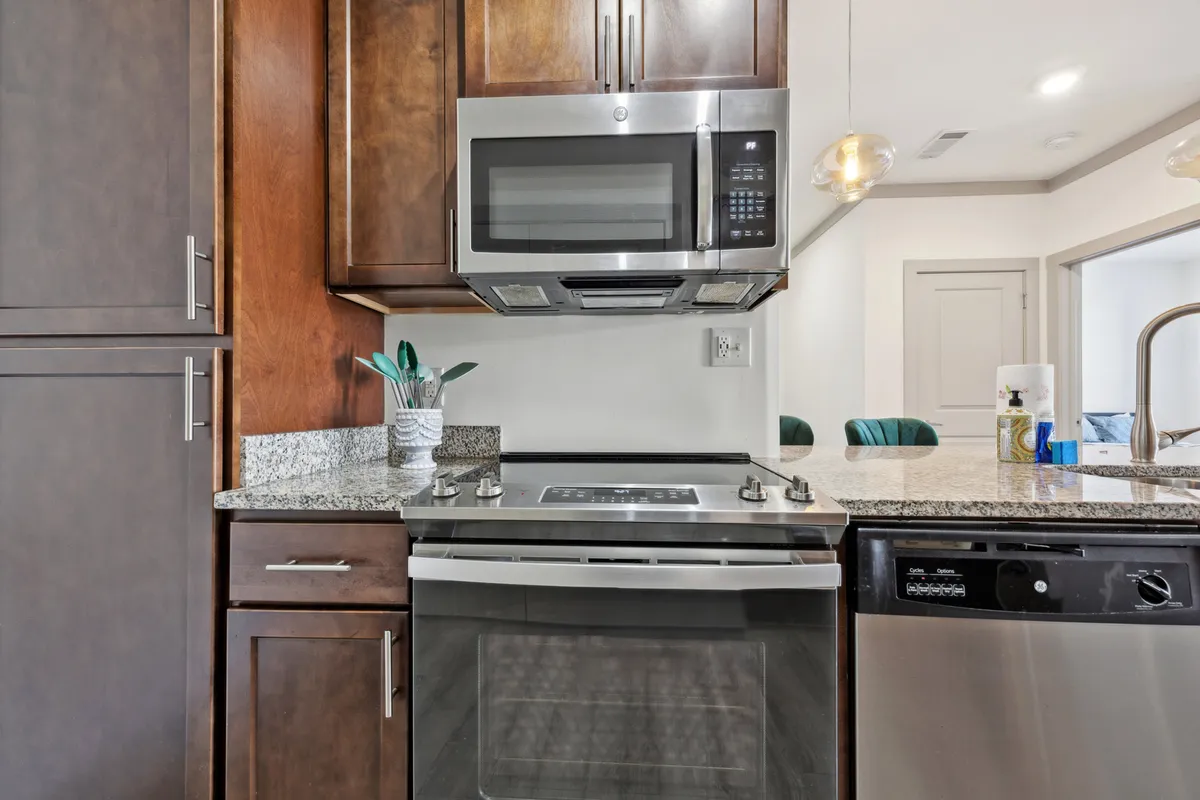 A modern kitchen with stainless steel appliances, granite countertops, warm wood cabinetry, and a decorative plant for a touch of greenery. The setup is functional yet stylish, ideal for cooking or hosting friends.