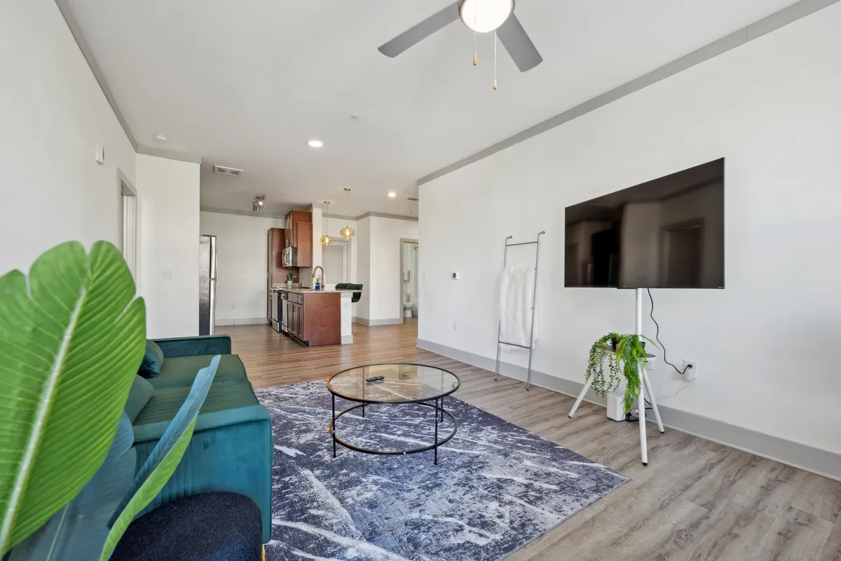 This image captures an inviting, open-plan living area featuring a sofa, coffee table, television, and a visible kitchen zone in the background. The room is styled with contemporary furnishings and ample natural light, creating a seamless and comfortable environment for relaxing or entertaining.